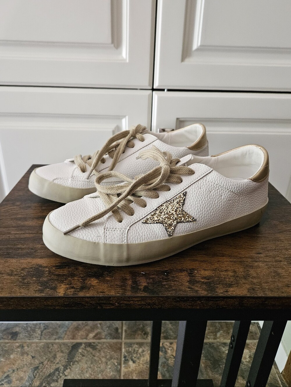 ShuShop Paula Gold Glitter Star White Leather Sneakers Casual Glam Athleisure